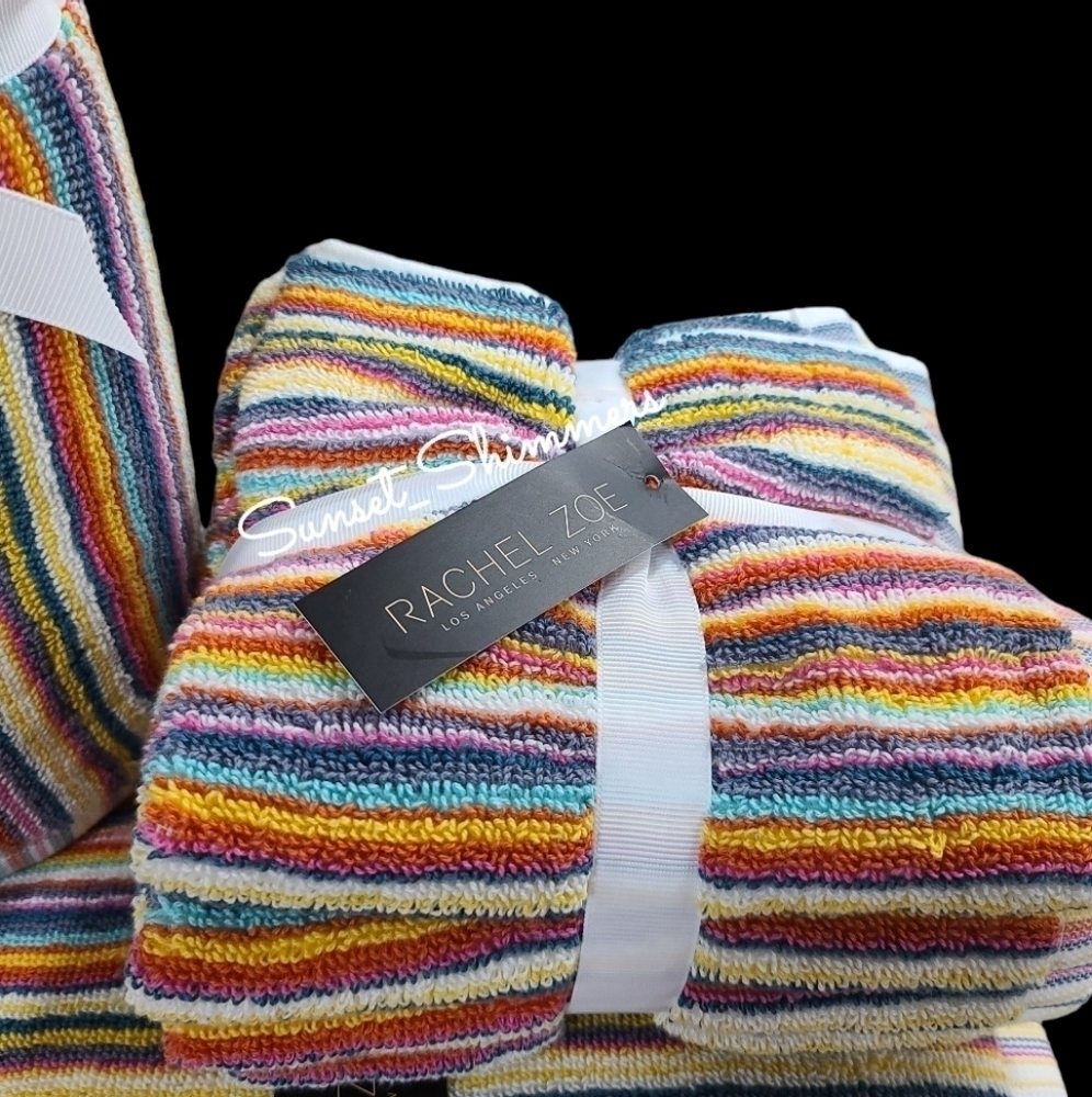 8pc Rachel Zoe Cotton Rainbow Striped Multicolored Bath Hand Washcloth Towel Set - Picture 3 of 9